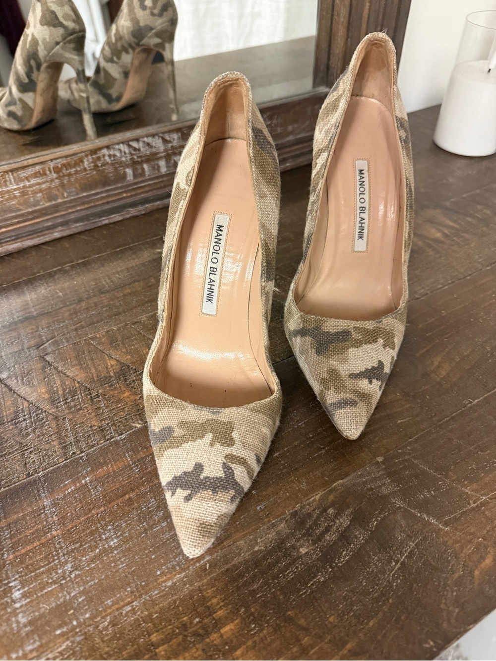 Manolo Blahnik Camouflage Pointed-Toe Pumps in Beige and Olive